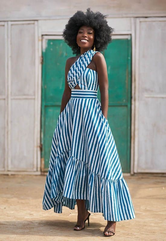 Blue and white striped dress